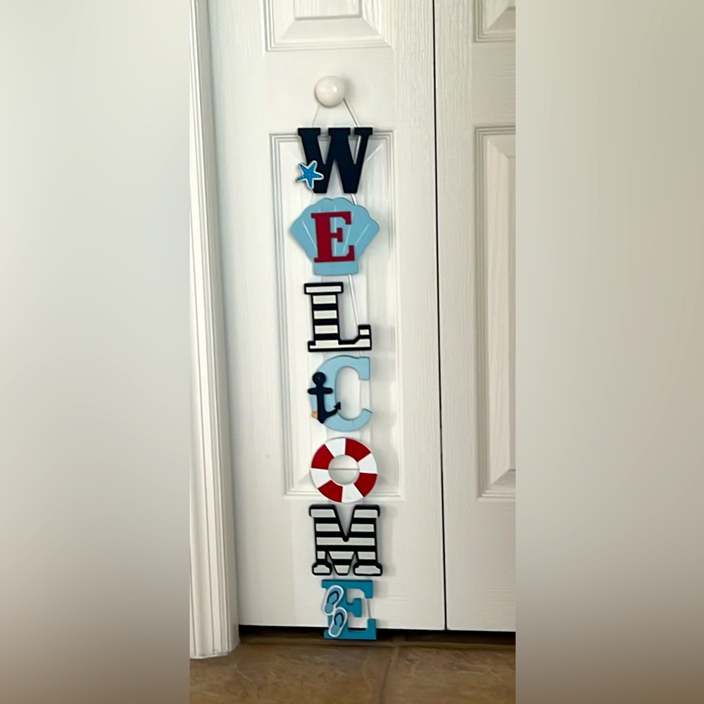 Wooden Nautical Red , White & Blue Welcome Wall Hanging